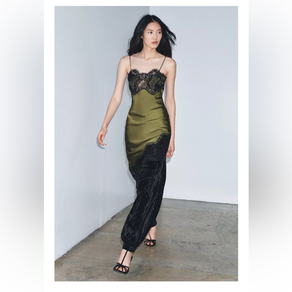 Zara Olive Green Satin Asymmetrical Slip Dress with Black Lace - Picture 8 of 13